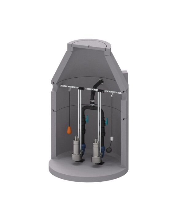 Schnittansicht der AQUATO deltAQ Doppelpumpstation BPS 1202-D50K im Betonschacht mit zwei Tauchmotorpumpen, Rohrleitungssystem, Absperrschiebern und Schwimmerschaltern.