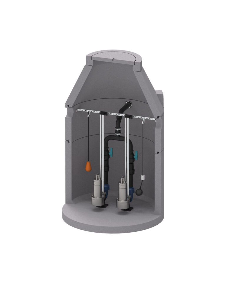 Schnittansicht der AQUATO deltAQ Doppelpumpstation BPS 1202-D50K im Betonschacht mit zwei Tauchmotorpumpen, Rohrleitungssystem, Absperrschiebern und Schwimmerschaltern.