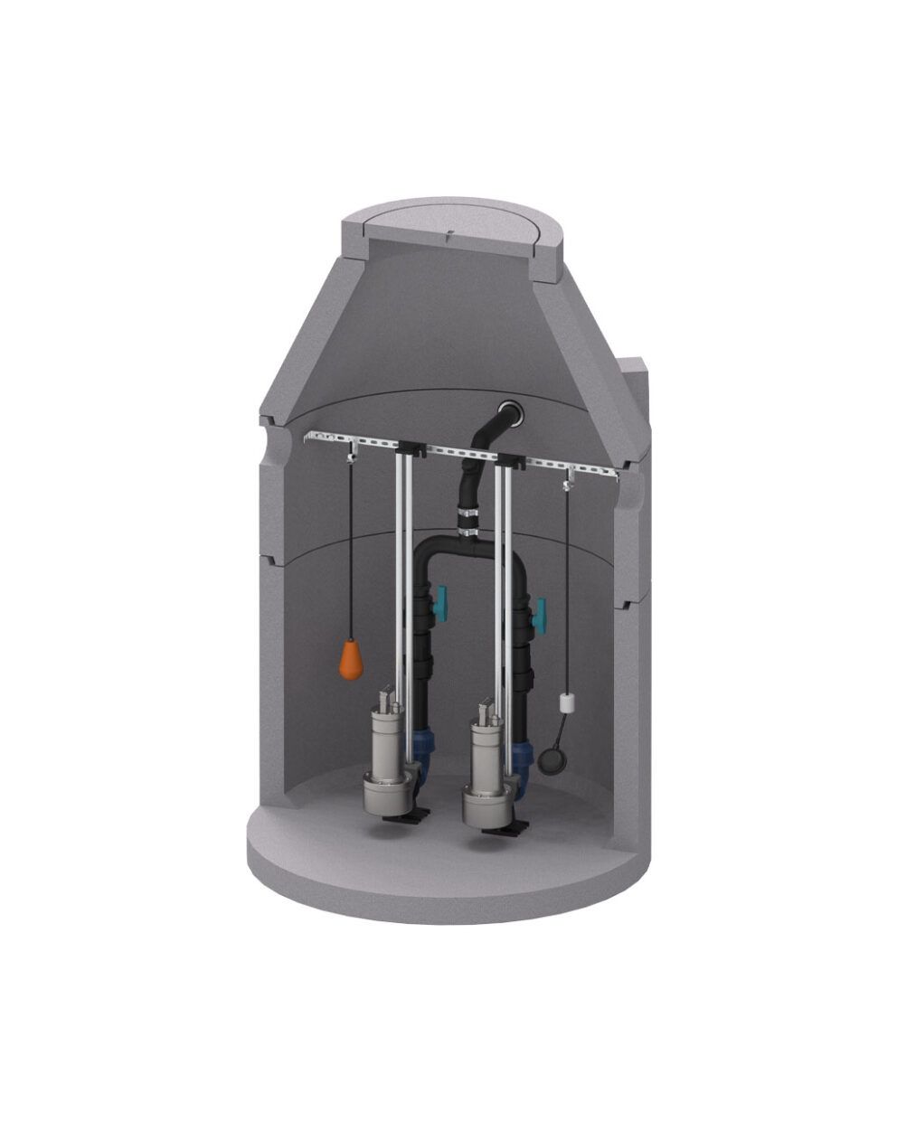 Schnittansicht der AQUATO deltAQ Doppelpumpstation BPS 1202-D50K im Betonschacht mit zwei Tauchmotorpumpen, Rohrleitungssystem, Absperrschiebern und Schwimmerschaltern.