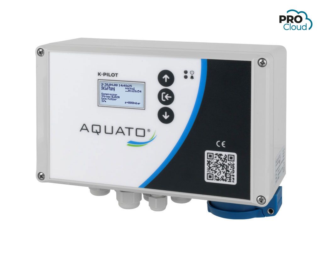 Die AQUATO K-PILOT 2.4 Steuerung mit integriertem PROCloud-Modul für intelligente Fernwartung der Kleinkläranlage.
