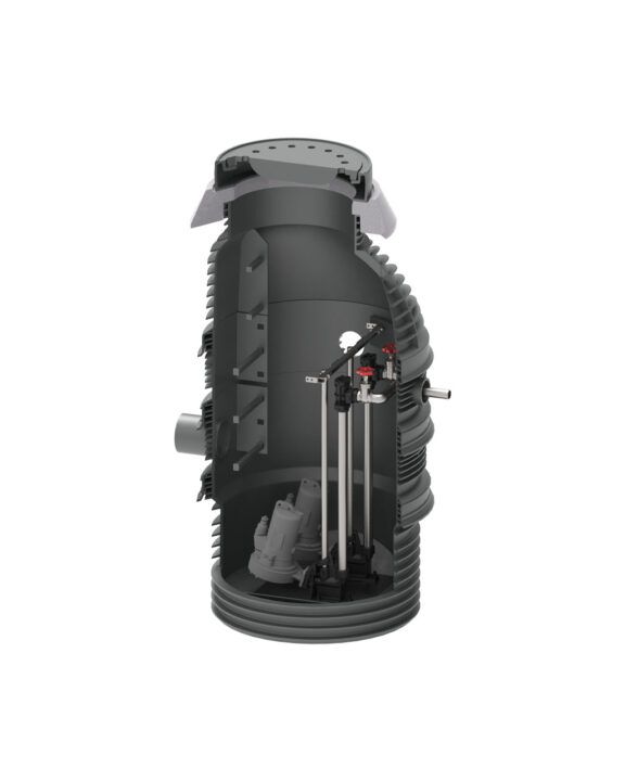 Schnittansicht der AQUATO deltAQ Pumpstation KPS 1003-D40E im korrosionsfreien PE-HD-Schacht mit Ringbauweise, integrierter Tauchmotorpumpe und Druckabgangsarmatur.