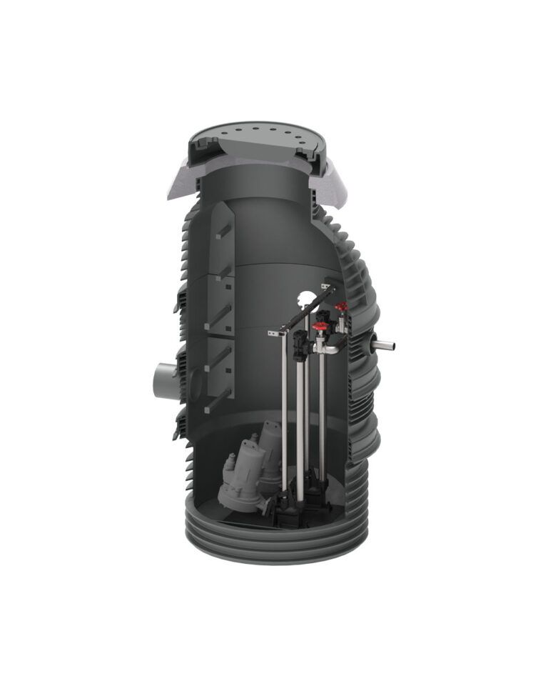 Schnittansicht der AQUATO deltAQ Pumpstation KPS 1003-D40E im korrosionsfreien PE-HD-Schacht mit Ringbauweise, integrierter Tauchmotorpumpe und Druckabgangsarmatur.