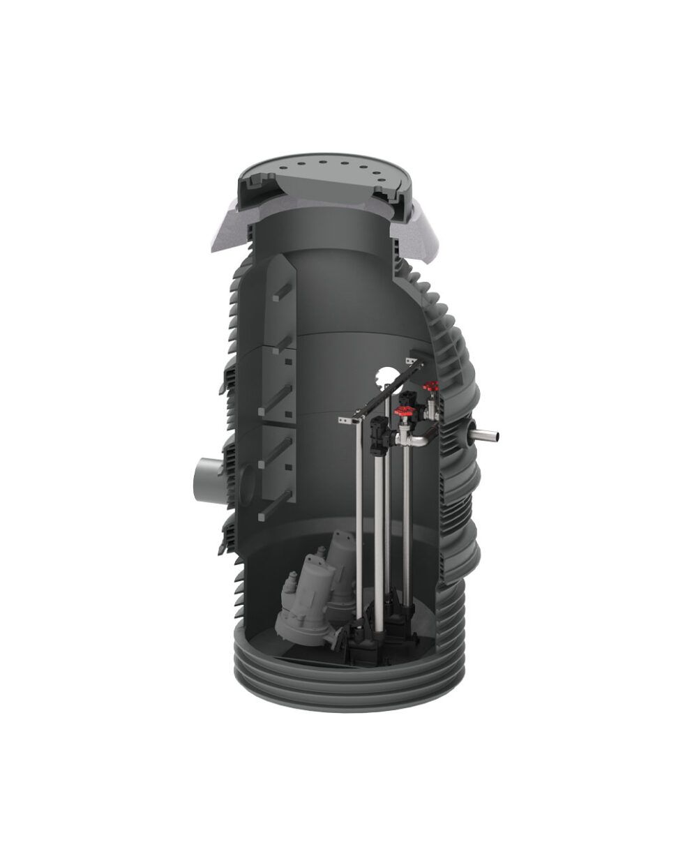 Schnittansicht der AQUATO deltAQ Pumpstation KPS 1003-D40E im korrosionsfreien PE-HD-Schacht mit Ringbauweise, integrierter Tauchmotorpumpe und Druckabgangsarmatur.