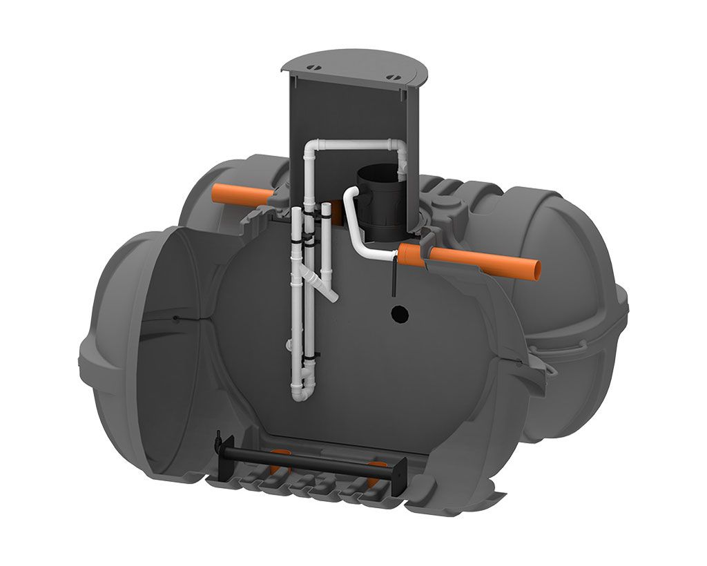 Schnittansicht der AQUATO STABI-KOM im Kunststoffbehälter, die das Innenleben der Kleinkläranlage zeigt.