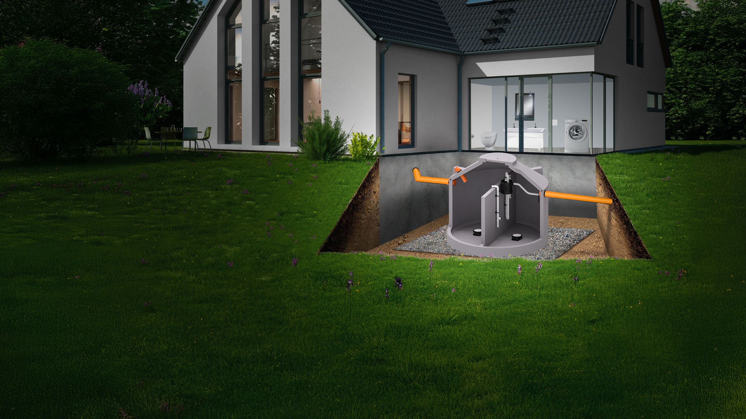 Schnittschema der AQUATO STABI-KOM im Betonbehälter, installiert im Garten eines Einfamilienhauses.