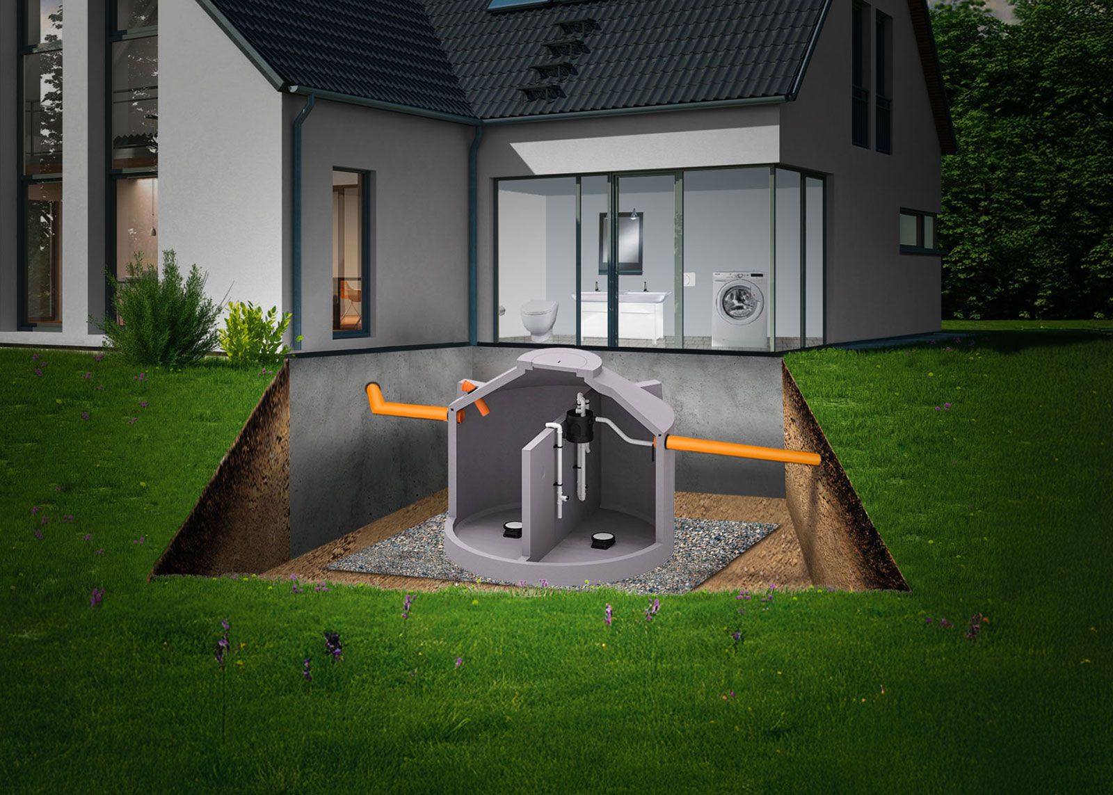 Installationsschema einer AQUATO STABI-KOM Kleinkläranlage mit Betonbehälter, eingebaut unterhalb eines Wohnhauses.