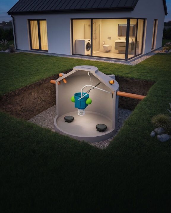 Querschnitt einer AQUATO STABI-CUP Einkammer-Kleinkläranlage im Garten eines Einfamilienhauses, mit sichtbarer CUP-Einheit, Zu- und Ablaufrohren