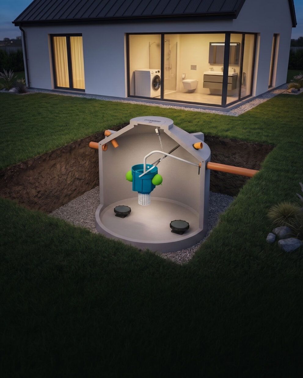 Querschnitt einer AQUATO STABI-CUP Einkammer-Kleinkläranlage im Garten eines Einfamilienhauses, mit sichtbarer CUP-Einheit, Zu- und Ablaufrohren